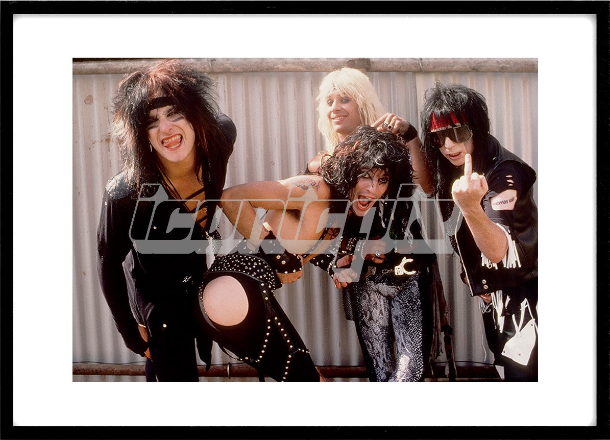 Motley Crue - L-R: Nikki Sixx, Tommy Lee, Vince Neil, Mick Mars - photocall backstage at the Monsters of Rock Festival held at Castle Donington UK - 18 Aug 1984.