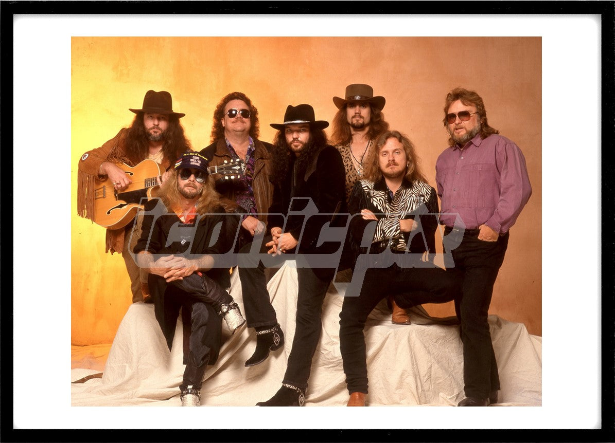 LYNYRD SKYNYRD - L-R: Randall Hall, Leon Wilkeson, Billy Powell, Gary Rossington, Kurt Custer, Johnny Van Zant, Ed King - Re-united line-up photgraphed in London UK - Feb 1992. Photo credit: Ray Palmer Archive/IconicPix