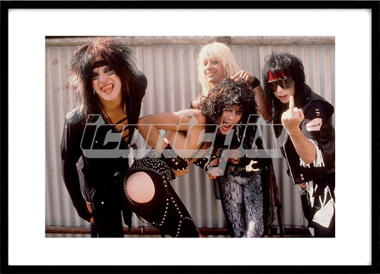 Motley Crue - L-R: Nikki Sixx, Tommy Lee, Vince Neil, Mick Mars - photocall backstage at the Monsters of Rock Festival held at Castle Donington UK - 18 Aug 1984.  