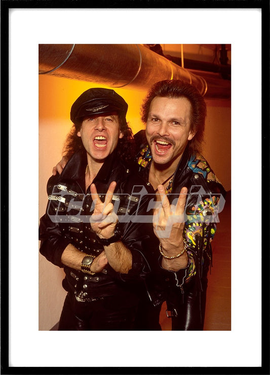 SCORPIONS - Klaus Meine (L) and Rudolf Schenker (R) - photosession backstage on the Crazy World Tour at the Alsterdorfer Sporthalle in Hamburg Germany - 08 Dec 1990.  Photo credit: Ray Palmer Archive/IconicPix